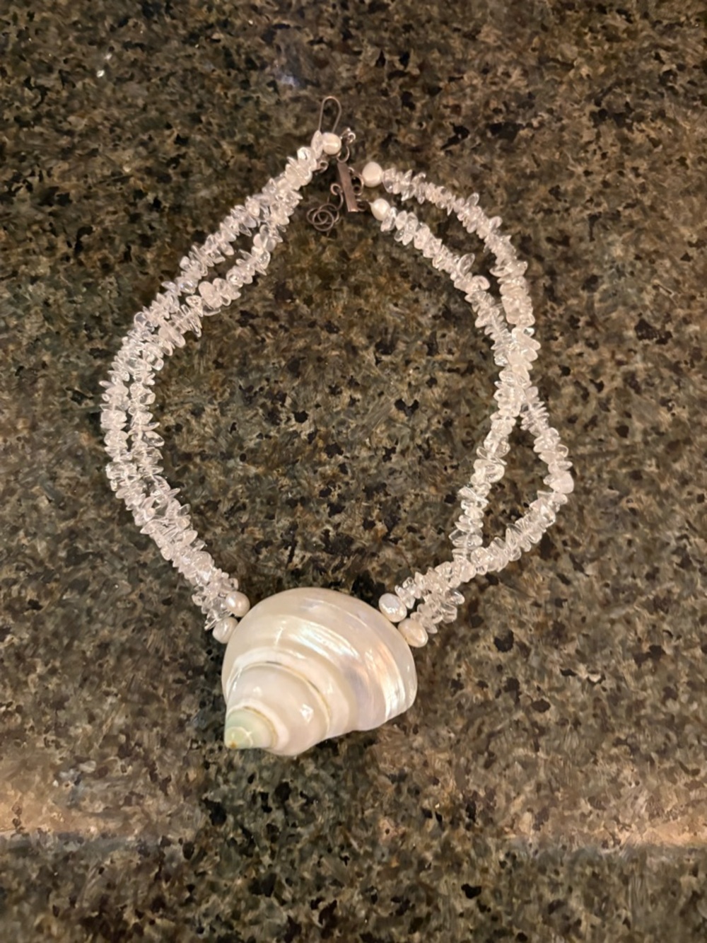 Meg Carter Designs Pearlescent Shell Pendant Necklace with Clear Beads